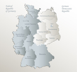 Wall Mural - Germany map divided on West and East map, administrative division with names, white blue card paper 3D vector