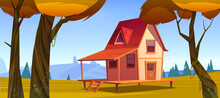 Cottage In Autumn Forest Landscape, Wooden House On Stilts On Yellow Field Among Trees With Orange Foliage. Home Dwelling With Terrace On Piles At Sunny Wood Background, Cartoon Vector Illustration