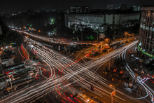 Aerial View Of A Busy Junction Street At Night In Dhaka, Bangladesh.