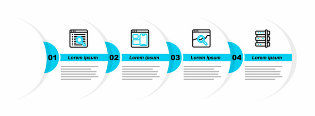 Set line Server, Website with stocks market, developer programming code and Search engine icon. Vector