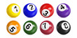 © klyaksun - Bingo lottery balls with numbers from one to eight. Vector realistic set of 3d color balls for lotto keno game or billiard. Glossy spheres for casino gambling and snooker isolated on white background