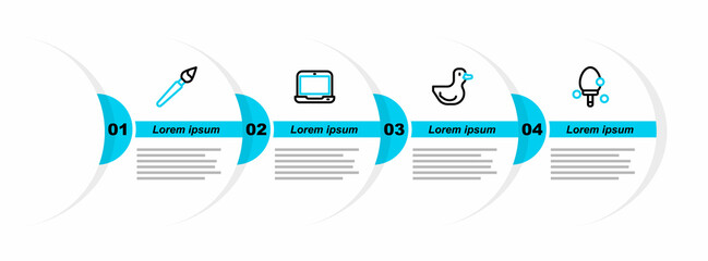 Sticker - Set line Racket, Rubber duck, Laptop and Paint brush icon. Vector