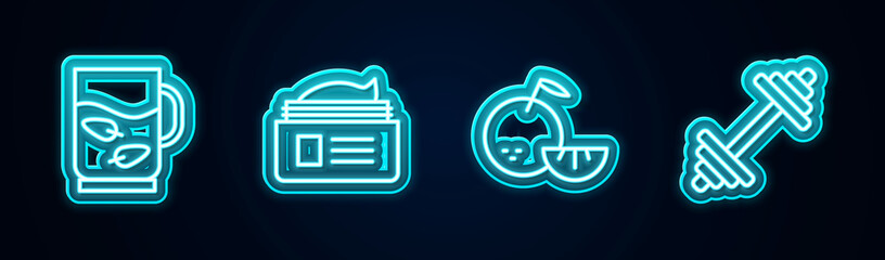 Sticker - Set line Cup of tea and leaf, Ointment cream tube, Citrus fruit and Dumbbell. Glowing neon icon. Vector