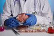 Vet doctor demonstrates fake meat in petri dish. Photo from food safety control laboratory. Lab grown meat in petri dish glassware. Artificial pork inside petri dish and tubes. Synthetic products.