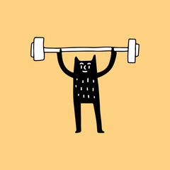 Funny cat lifting barbell, illustration for t-shirt, sticker, or apparel merchandise. With retro cartoon style.