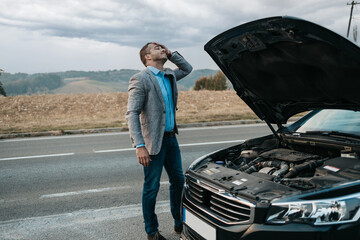 Elegant middle age business man trying to fix car breakdown or engine failure and waiting for towing service for help car accident on the road. Roadside assistance concept.