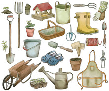 Gardening Tools Collection, Vintage Watercolor Art, Hand Drawn