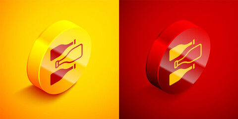 Sticker - Isometric Bottles of wine icon isolated on orange and red background. Circle button. Vector