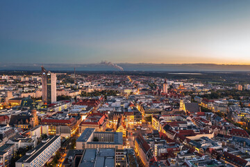 Wall Mural - Cityscape of Leipzig (Saxony, Germany). Aerial night view over illuminated Zentrum city district. 