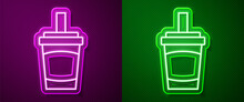 Glowing Neon Line Paper Glass With Drinking Straw And Water Icon Isolated On Purple And Green Background. Soda Drink Glass. Fresh Cold Beverage Symbol. Vector