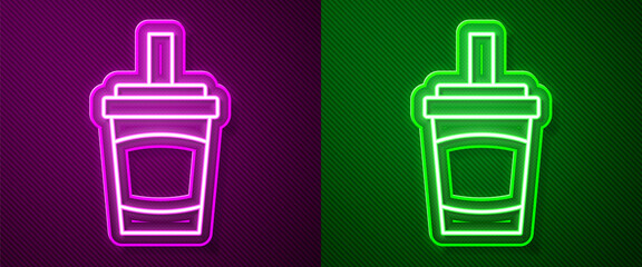 Canvas Print - Glowing neon line Paper glass with drinking straw and water icon isolated on purple and green background. Soda drink glass. Fresh cold beverage symbol. Vector