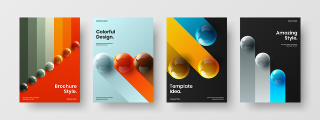 Trendy realistic balls annual report concept bundle. Abstract journal cover A4 design vector illustration set.