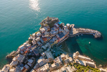 Aerial view of Vernazza old town along the coast, Cinque Terre, Liguria, Italy.
