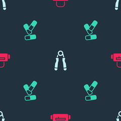 Poster - Set Sport bag, expander and Vitamin pill on seamless pattern. Vector