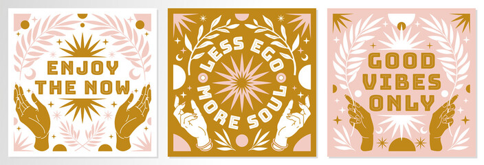 Wall Mural - boho mystical posters with inspirational quotes about energy, magic and good vibes in trendy bohemia