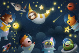 Fototapeta Dziecięca - Animals and kids astronaut adventures in space, with shiny moon stars and clouds. Dreamy adventurous fun cartoon for children cosmic exploration. Vector wallpaper watercolor style illustration.