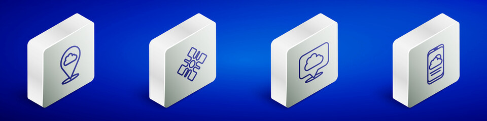 Sticker - Set Isometric line Location cloud, Snowflake, and Weather forecast icon. Vector