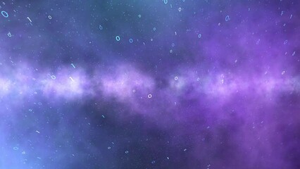 Slow motion binary numbers data on purple blue  universe network technology background copy space seamless loop animation.