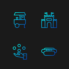 Wall Mural - Set line Hotdog, Juggling ball, Fast street food cart and Castle. Gradient color icons. Vector