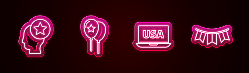 Poster - Set line USA Head, Balloons, laptop and Carnival garland with flags. Glowing neon icon. Vector