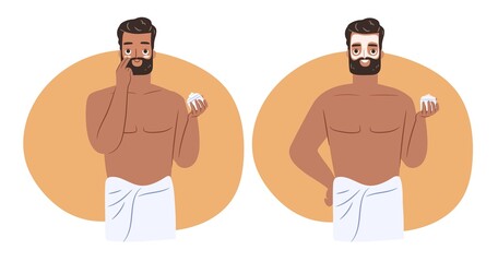 Skincare routine concept for man. Happy young guy in towel applying face creme in two steps.