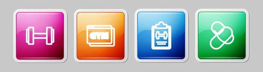 Set line Dumbbell, Online fitness and training, Sport program and Sports nutrition. Colorful square button. Vector