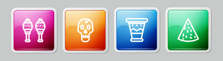 Set line Maracas, Skull, Mexican drum and Nachos. Colorful square button. Vector