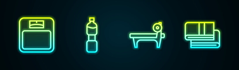 Sticker - Set line Bathroom scales, Bottle of water, Bench with barbel and Towel stack. Glowing neon icon. Vector