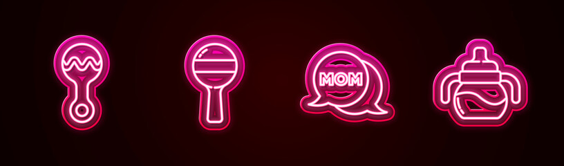 Sticker - Set line Rattle baby toy, , Speech bubble mom and Baby bottle. Glowing neon icon. Vector