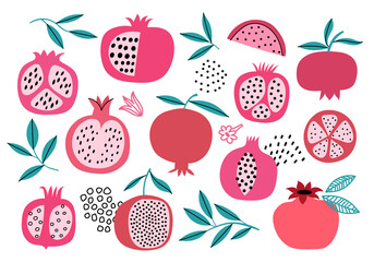 Wall Mural - Pomegranate whole and cut hand drawn vector set. Pomegranate fruit with seeds art