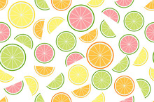 Citrus Fruit Slices Vector Pattern On White Background, Seamless Summer Decor