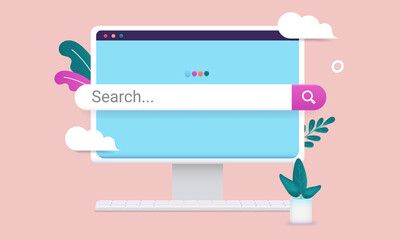 Poster - Search bar on computer screen - Desktop pc with blue internet search page and decorative design elements. Vector illustration