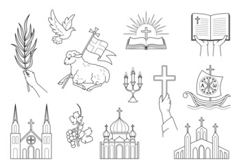 Religious Christian signs and symbols. Set icons Church,  flying pigeon, cross, open bible and ship. Lamb is a symbol of Christ's sacrifice. Hands holding bible, cross, palm branch. Isolation. Vector