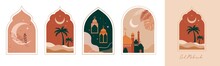 Collection Of Oriental Style Islamic Windows And Arches With Modern Boho Design, Moon, Mosque Dome And Lanterns 