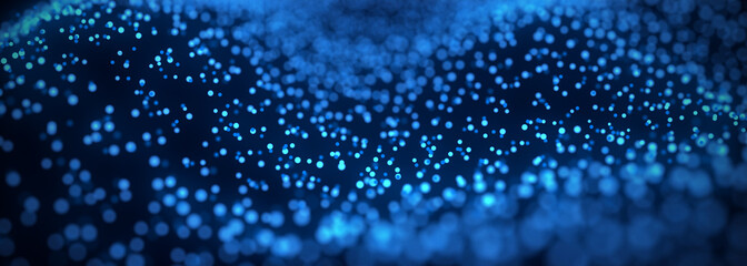 Fototapete - Abstract dynamic wave of blue dots on dark background. Big data visualization 3D. Digital landscape with flowing particles. 3d rendering.