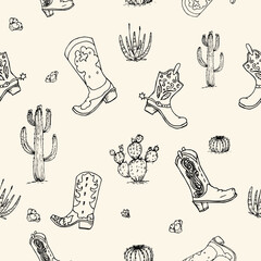 pattern, cacti and cowboy boots on a beige background 