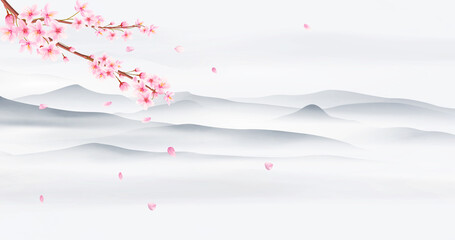 Japanese background with cherry blossoms and hills in the background. Landscape banner with sakura in oriental style for decor, packaging, invitations