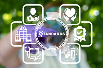 Wall Mural - Concept of medicine and pharmacy standards compliance. Medical quality control. Doctor using virtual touchscreen presses a virtual button of standards word with paragraph symbol.