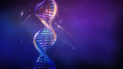 DNA double helix glowing on a violet-blue background, 3D render.