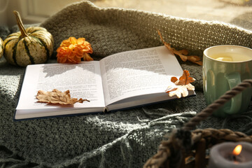 Poster - Book, cup of coffee and autumn decor on plaid