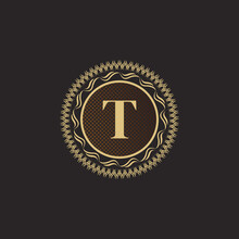 Emblem Letter T Gold Monogram Design. Luxury Volumetric Logo Template. 3D Line Ornament For Business Sign, Badge, Crest, Label, Boutique Brand, Hotel, Restaurant, Heraldic. Vector Illustration