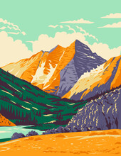 WPA Poster Art Of The Maroon Bells In The Elk Mountains, Maroon Peak And North Maroon Peak In Pitkin County And Gunnison County, Colorado, United States USA Done In Works Project Administration Style.