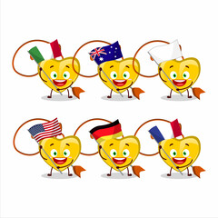 Wall Mural - Yellow heart arrow necklace cartoon character bring the flags of various countries