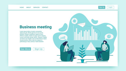 Business meeting.People hold a meeting and develop new projects.An illustration in the style of a green landing page.