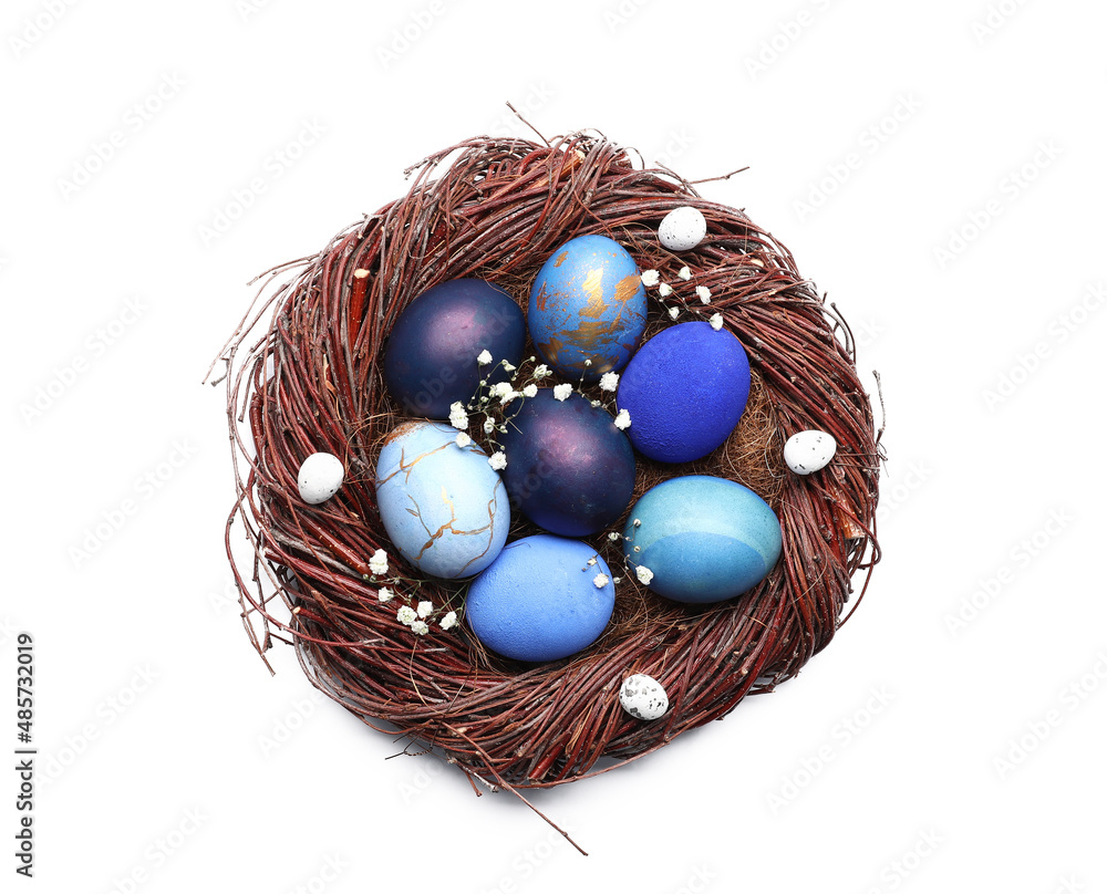 Nest with beautiful Easter eggs and gypsophila flowers on white background