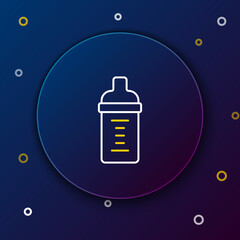 Poster - Line Baby milk in a bottle icon isolated on blue background. Feeding bottle icon. Colorful outline concept. Vector