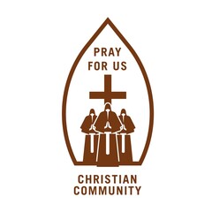 Wall Mural - Christian community icon of Christianity, religion, Christian church or ministry vector design. Cross symbol of faith or Jesus Christ with brown silhouettes of praying people, isolated religious sign