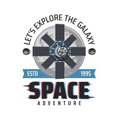 Wall Mural - space adventure vector icon, satellite on orbital station or spaceship explorer. rocket shuttle or s