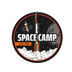 Wall Mural - space camp isolated icon with vector rocket, satellite, moon planet and galaxy universe stars, aster