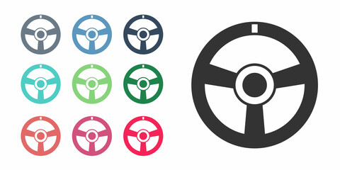 Black Racing steering wheel icon isolated on white background. Car wheel icon. Set icons colorful. Vector